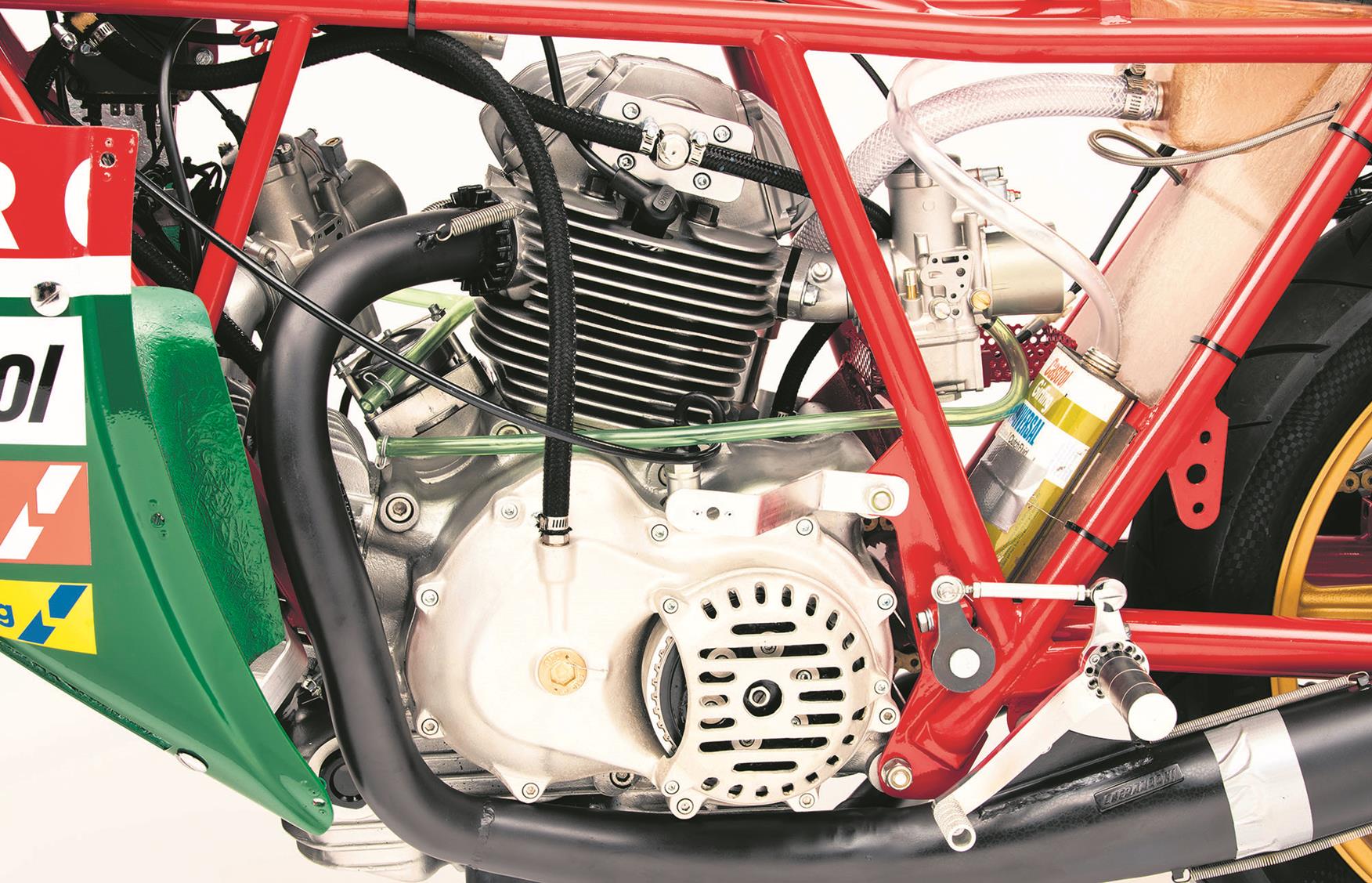 The bevel-drive twin is identical to Hailwood's bike The bevel-drive twin is identical to Hailwood's bike