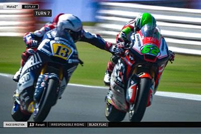 Romano Fenati squeezes Stefano Manzi's brake lever Romano Fenati squeezes Stefano Manzi's brake lever