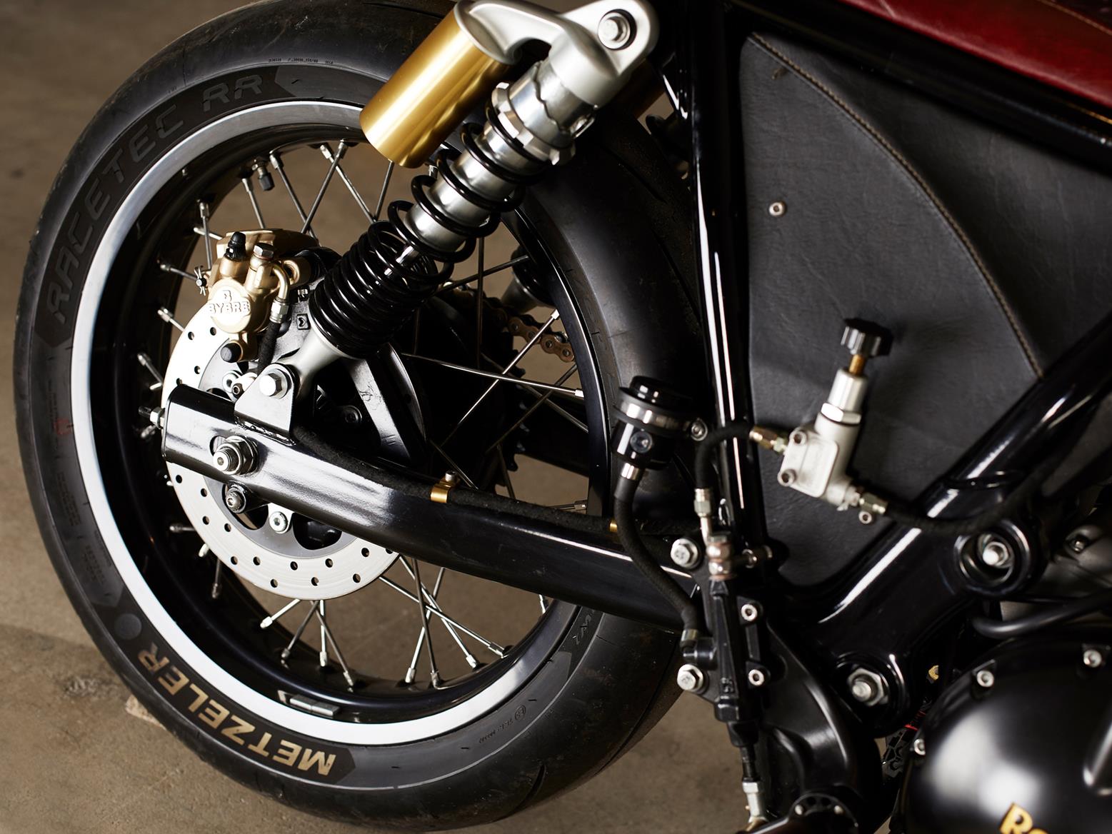 The rear wheel assembly of the 2019 OEM custom Royal Enfield Interceptor 650 twin The rear wheel assembly of the 2019 OEM custom Royal Enfield Interceptor 650 twin