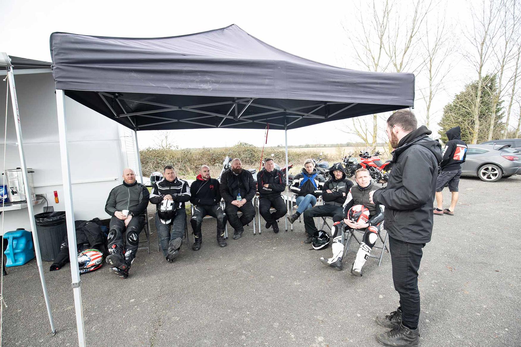 Being briefed at wheelie school Being briefed at wheelie school
