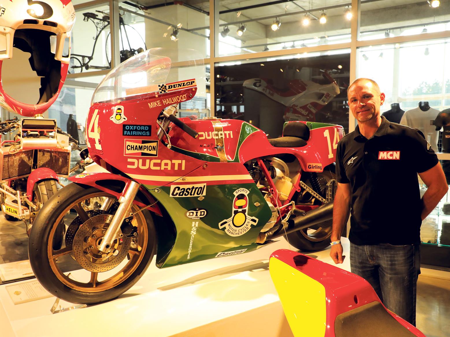 Michael Neeves alongside Mike Hailwood's TT NCR Ducati Michael Neeves alongside Mike Hailwood's TT NCR Ducati