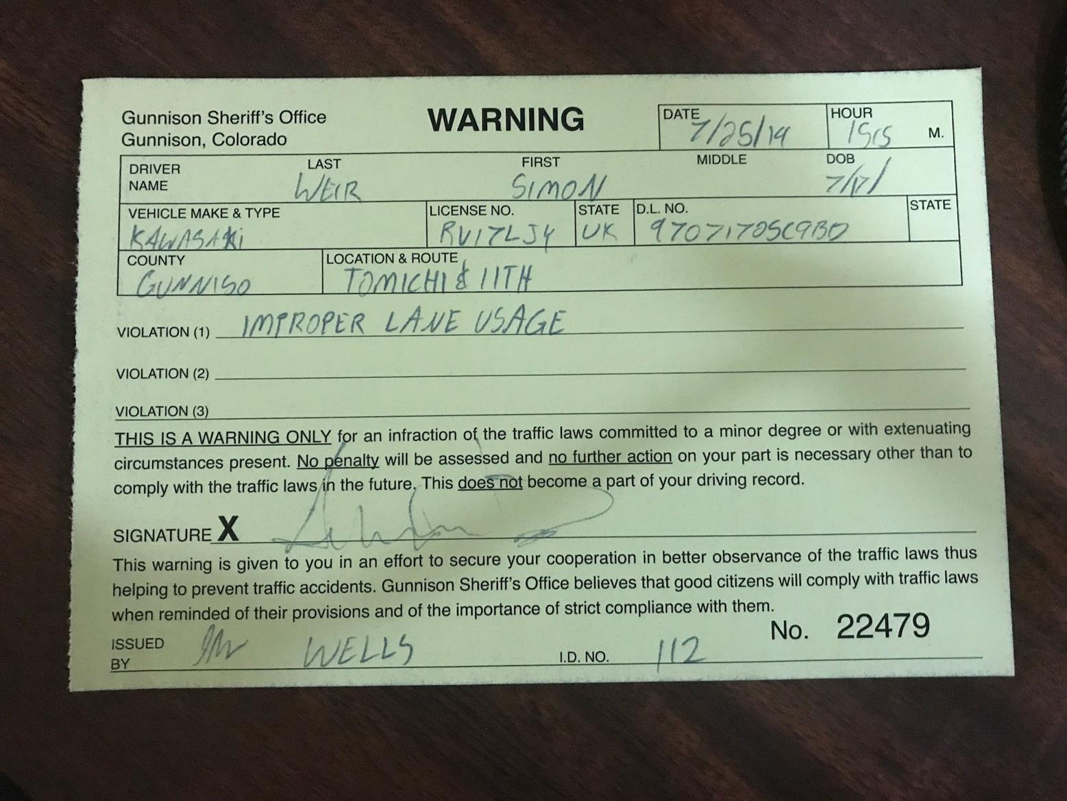 Warning ticket for Simon as he filters where it isn't legal Warning ticket for Simon as he filters where it isn't legal
