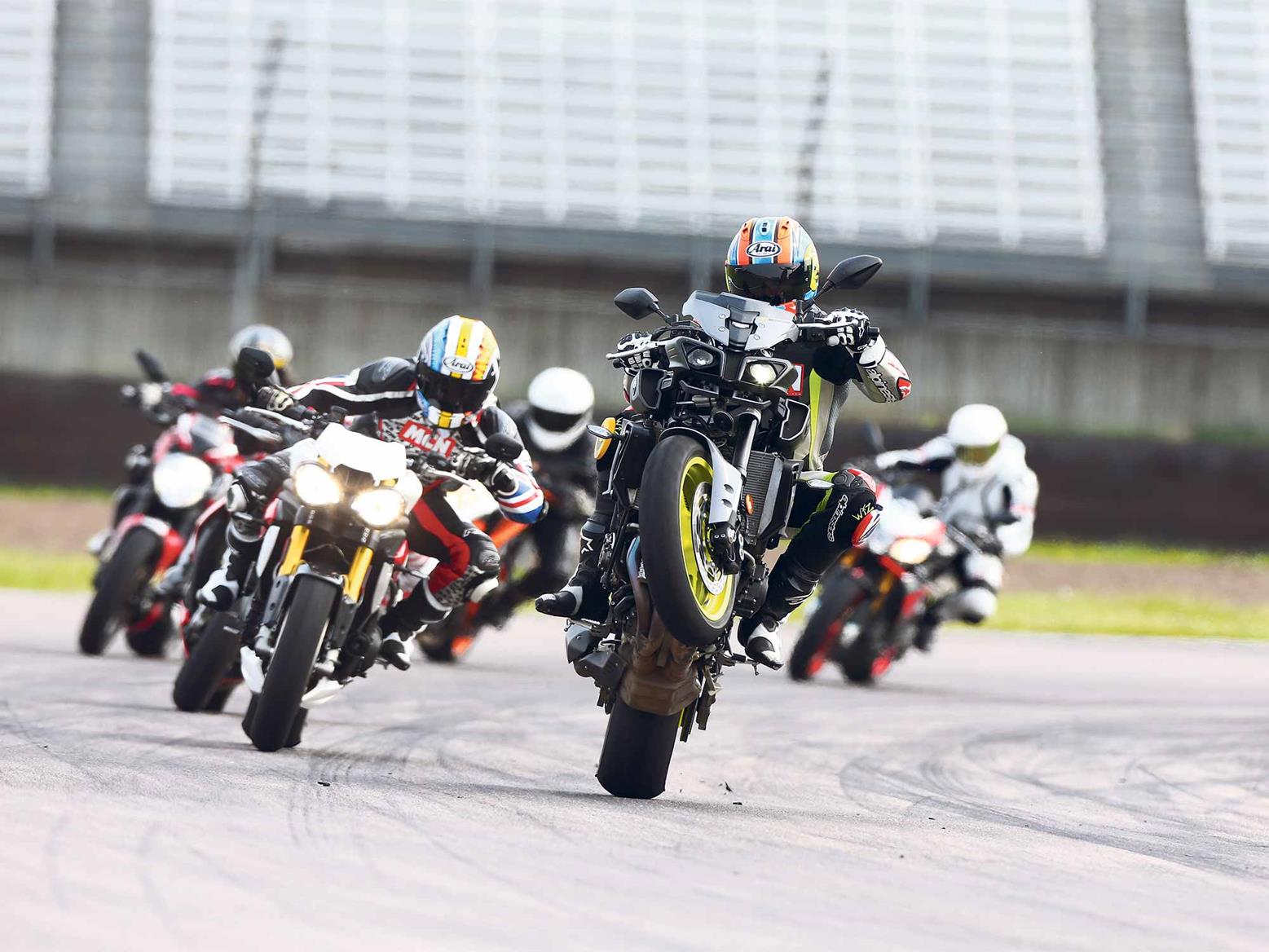 An MT-10 wheelies with its supernaked rivals An MT-10 wheelies with its supernaked rivals