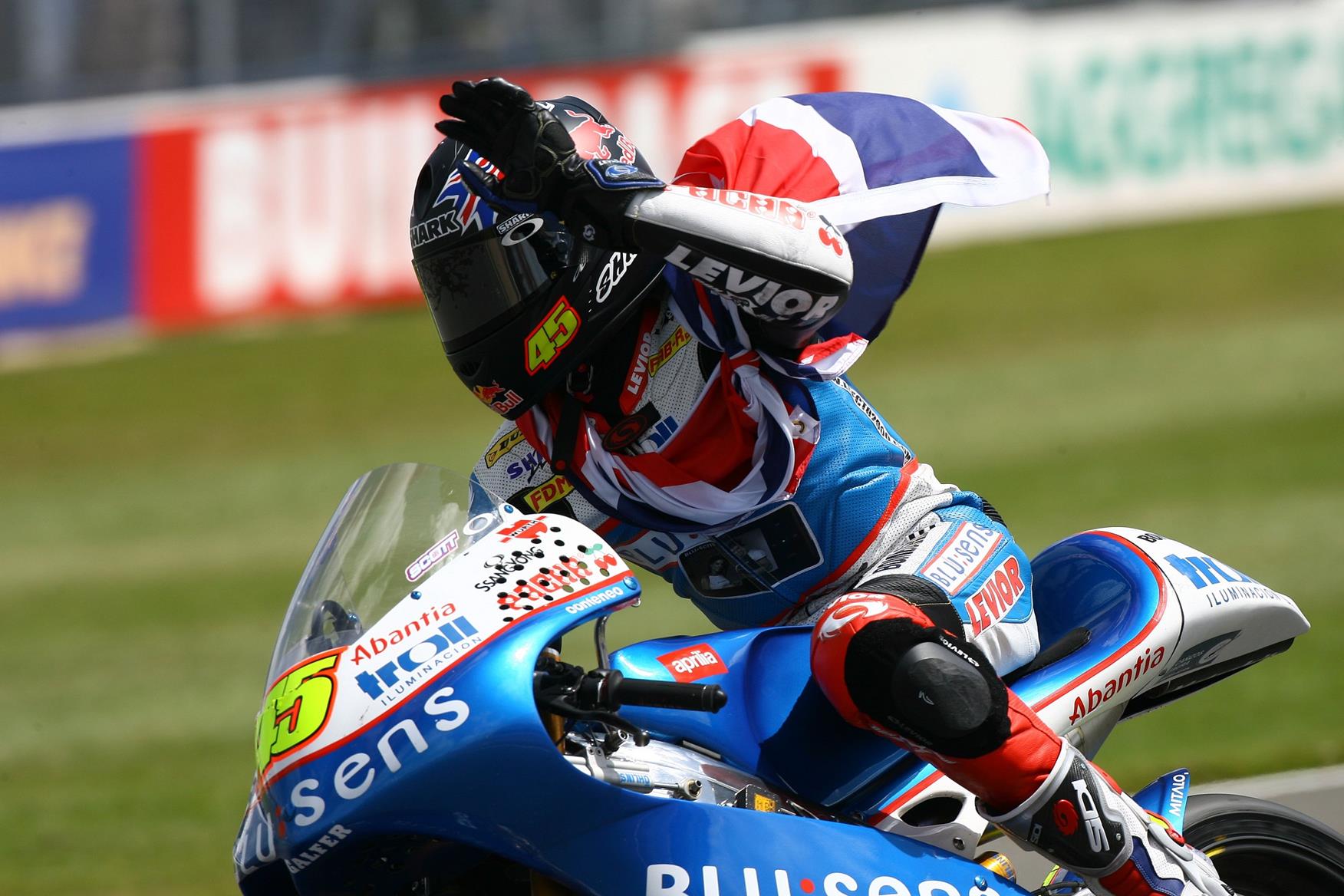 Scott Redding celebrates his 125 GP victory at Donington Park Scott Redding celebrates his 125 GP victory at Donington Park