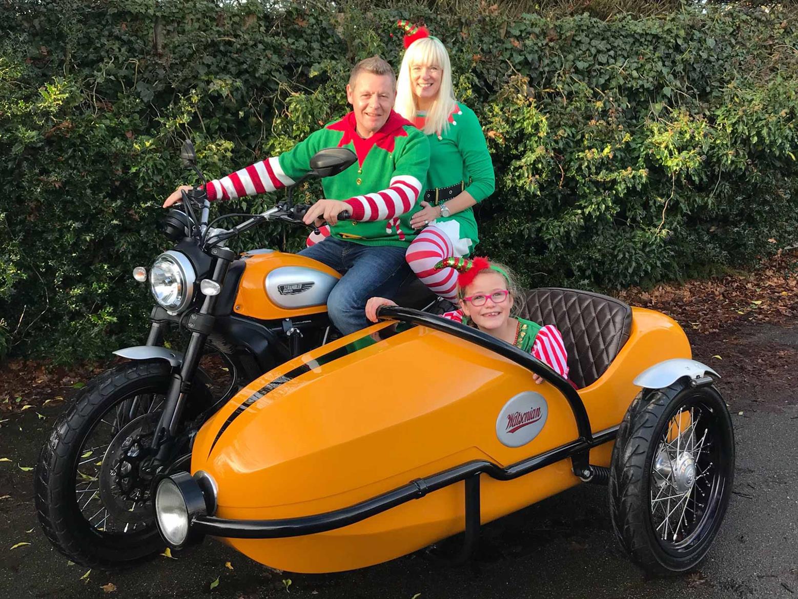 Chris Walker and family aboard their Ducati Scrambler and sidecar Chris Walker and family aboard their Ducati Scrambler and sidecar