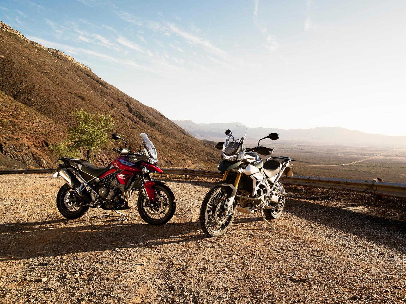 Triumph Tiger 900 GT Pro and Rally Pro sat together Triumph Tiger 900 GT Pro and Rally Pro sat together