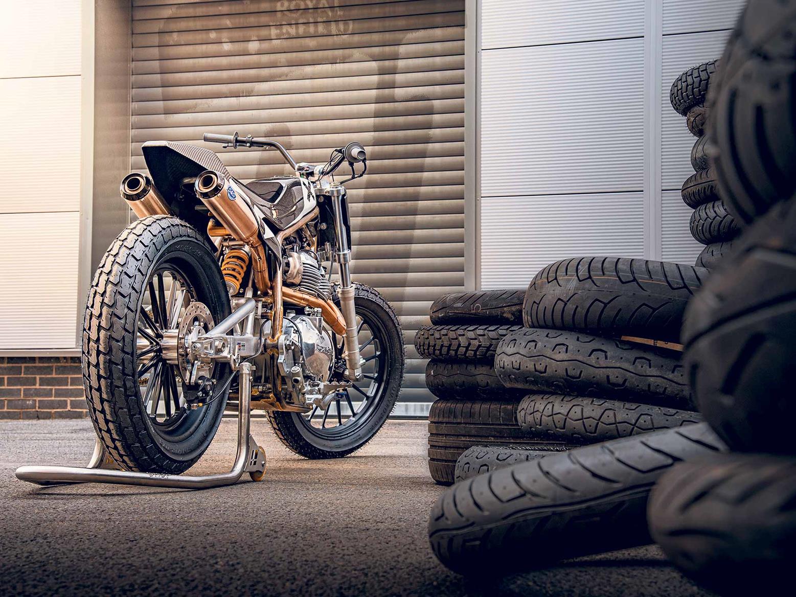Royal Enfield flattracker parked by tyres Royal Enfield flattracker parked by tyres