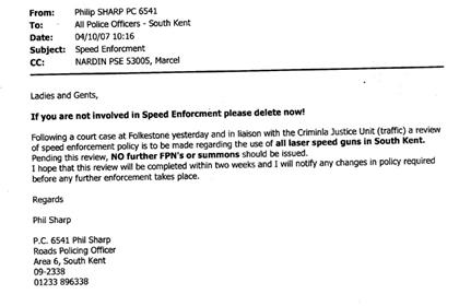 The email sent to police officers regarding a review of speed enforcement policy and laser speed guns