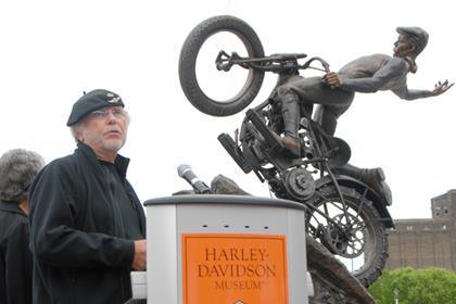 The statue was unveiled by Willie G. Davidson ahead of the opening of the Harley Davidson Museum on July 12