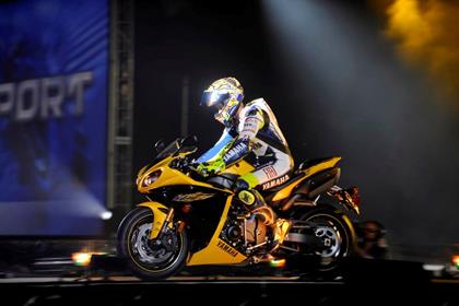 Valentino Rossi rides the new YZF-R1 on stage in Vegas