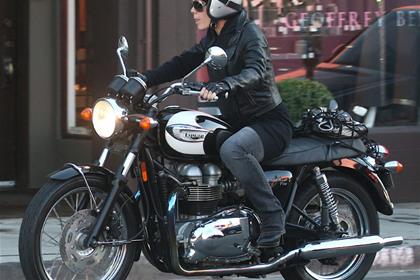 R&B star Pink riding her Triumph Bonneville