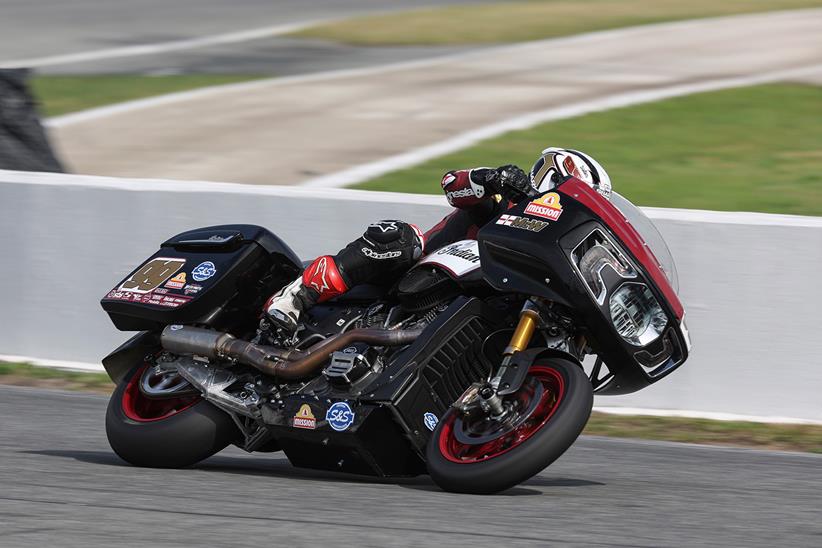 Jeremy McWilliams cranked over on an Indian bagger racer