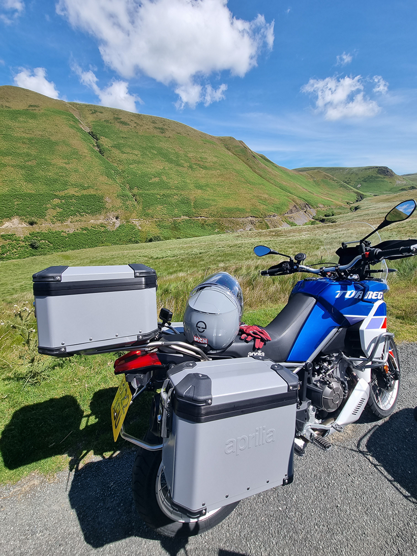 Aprilia Tuareg with luggage in Wales