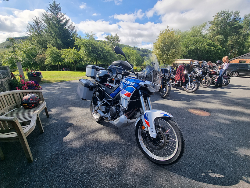 Aprilia Tuareg on tour with luggage in Wales