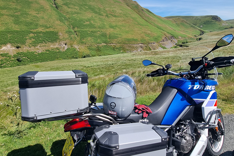 Aprilia Tuareg with luggage in Wales