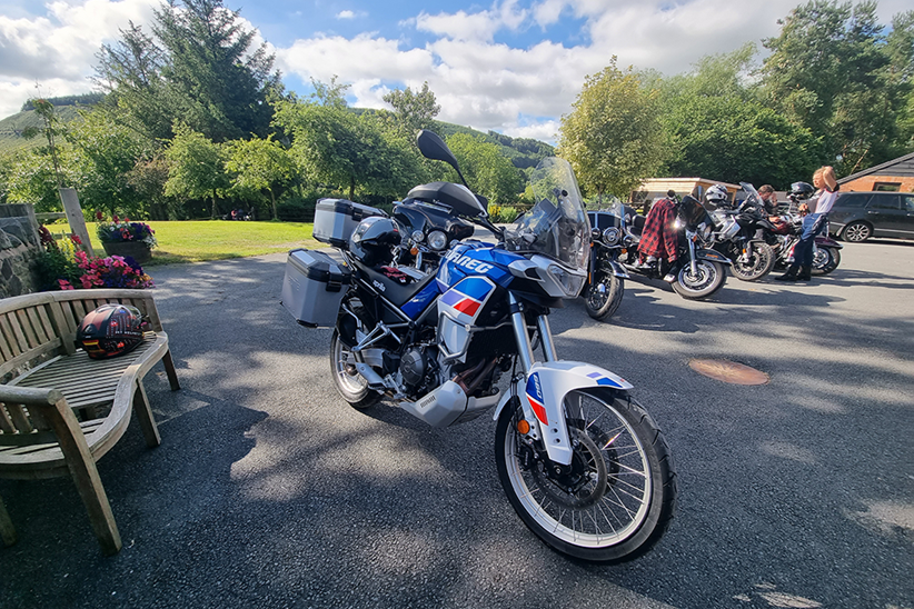 Aprilia Tuareg on tour with luggage in Wales