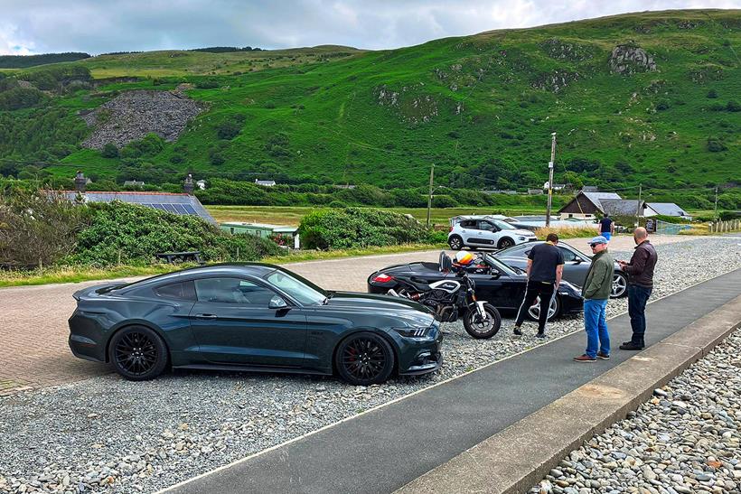 Indian FTR S on Welsh road trip with cars