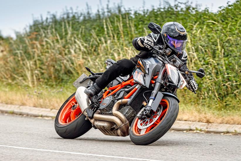 Cornering left on the KTM 1290 Super Duke R Evo