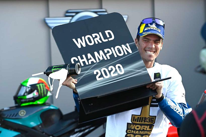 Joan Mir celebrates winning the 2020 MotoGP title