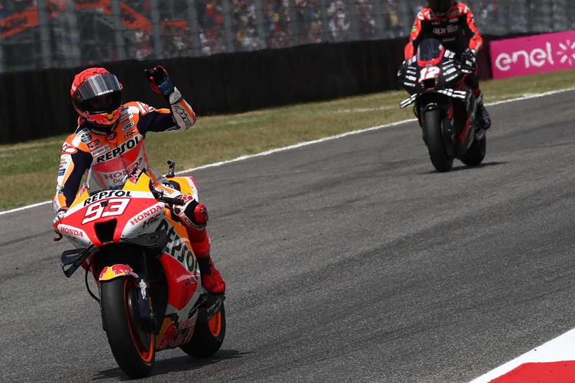 Marc Marquez waves goodbye to the crowd and MotoGP at Mugello