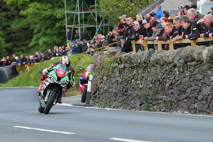 Peter Hickman at the Gooseneck on route to victory in the Superstock race