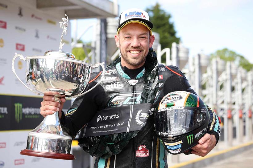 Peter Hickman celebrates winning the Supertwins TT race - Picture by Stephen Davison