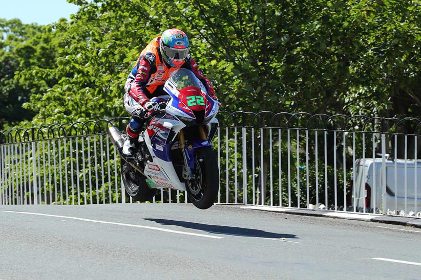 Newcomer Glenn Irwin gets to grips with Ballaugh Bridge on his Superstock Honda