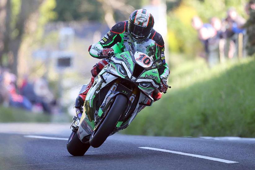 Peter Hickman goes through the top of Barregarrow during the 4th practice session at the Isle of Man TT