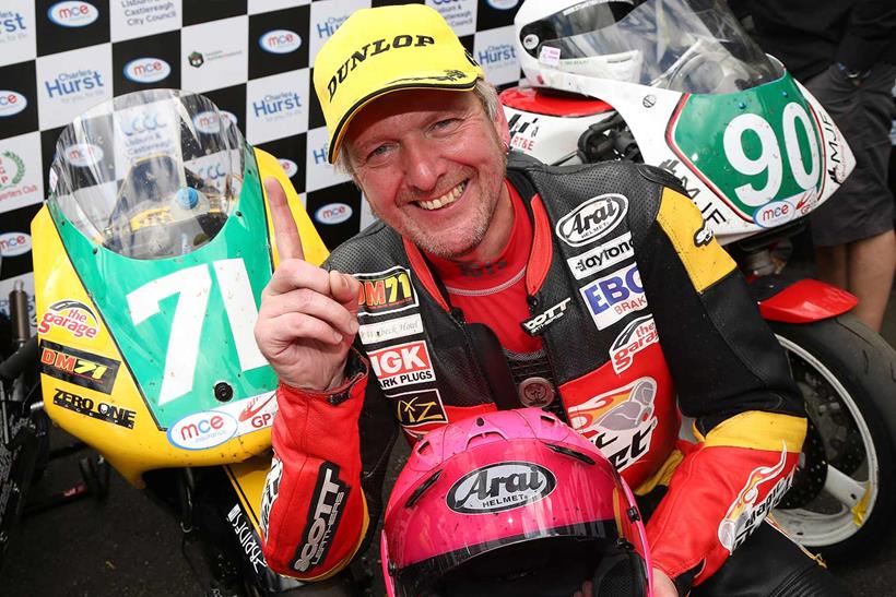 Davy Morgan after winning the 250cc race at the 2017 Ulster Grand Prix