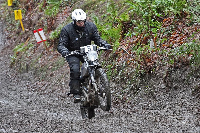 A classic Norton motorcycle tackles Simms Hill in Devon - Photo: Peter Browne