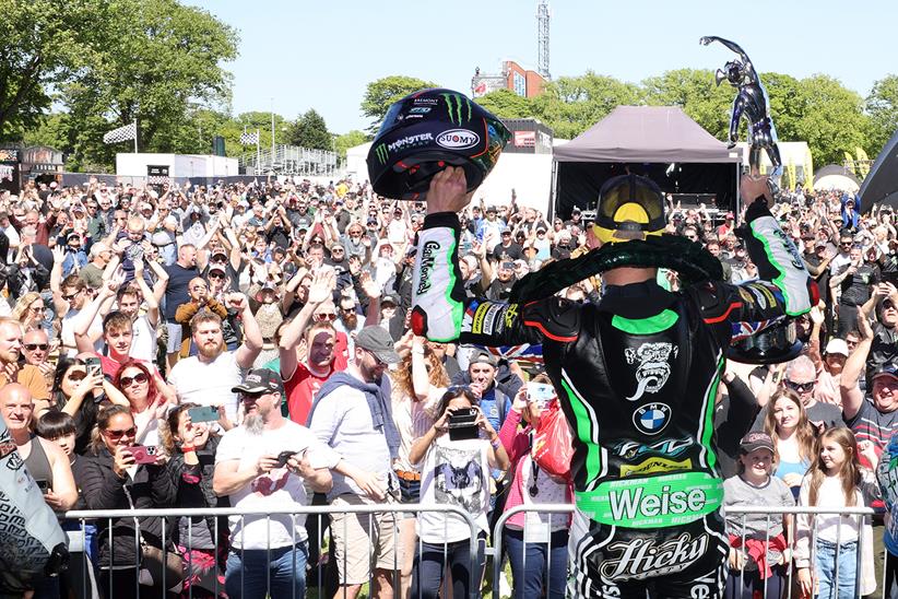 Peter Hickman celebrates with Isle of Man TT fans