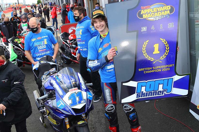 Rory Skinner celebrates securing the British Supersport crown in 2020