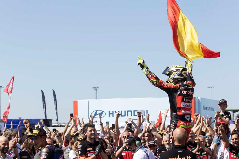 Alvaro Bautista celebrates his victory at Misano