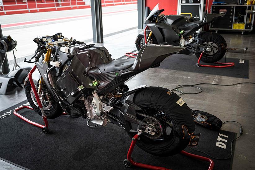 Ducati's MotoE bike in pitlane during testing