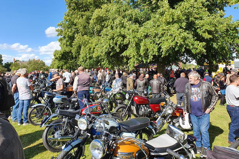 Classic bikes on the green at Cassington Bike Night