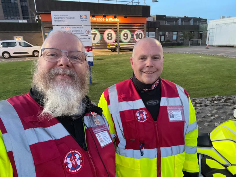 Thomas Carroll, 52, and Mark Robinson, 58, both from Aberdeenshire are members of the Highlands and Islands Blood Bikers (HAIBB).