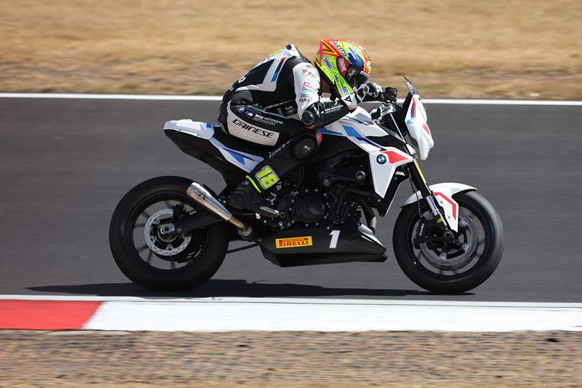 BMW F900R race bike on track right side