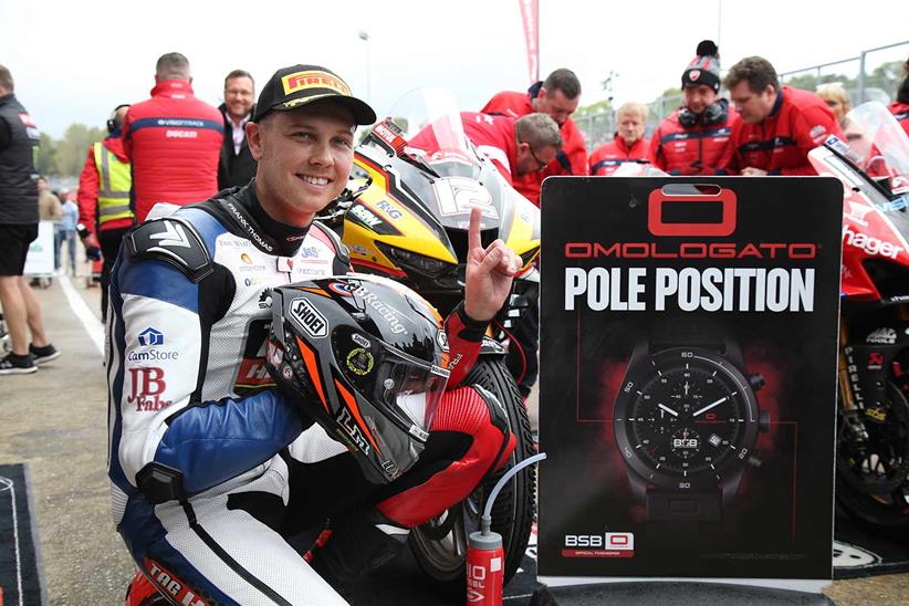 Luke Mossey celebrates taking pole at Brands Hatch in 2021