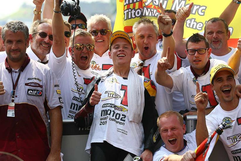 Tito Rabat celebrates winning the Moto2 title in 2014