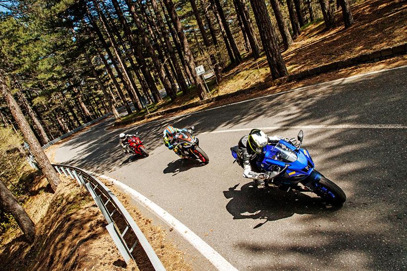 Yamaha R7, Aprilia RS 660 and Honda CBR650R on the road