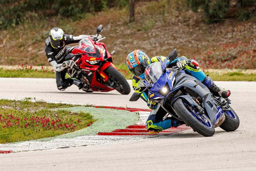 Yamaha R7 and Honda CBR650R on track