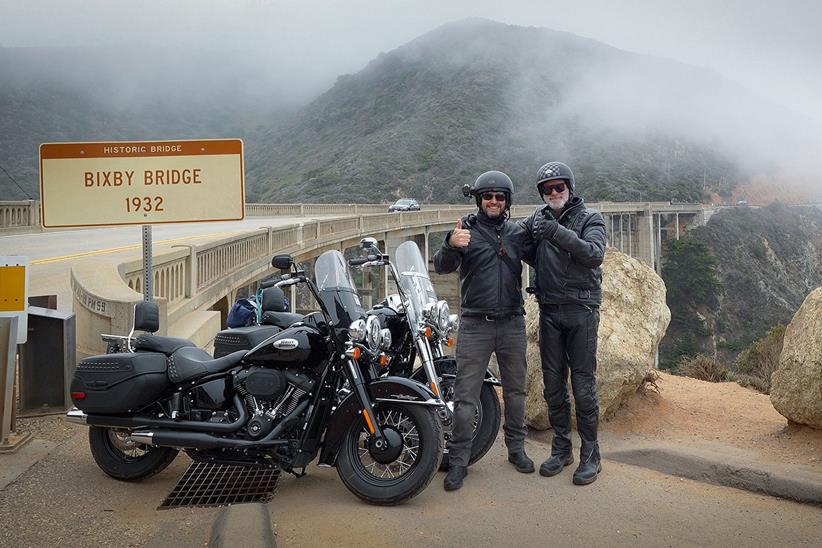 Mark and Max at Bixby Bridge with their rented Harley-Davidsons