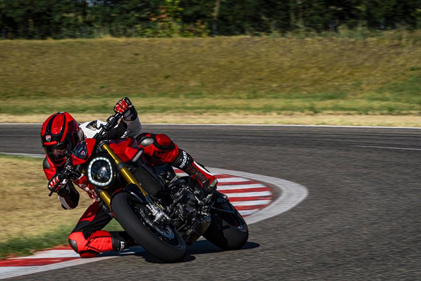 Knee down cornering on the 2023 Ducati Monster SP