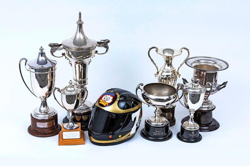 A selection of Barry Sheene's trophies and race worn Aria helmets are also up for grabs