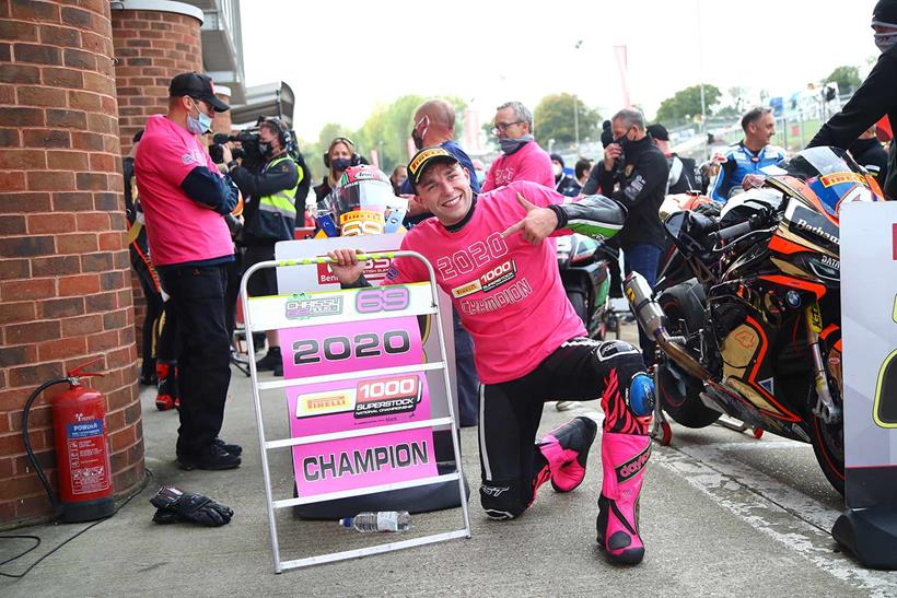 Chrissy Rouse celebrates clinching the Superstock 1000 crown in 2020