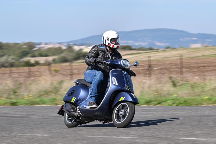 The step-through nature of the Vespa GTS 300 is great for a quick getaway