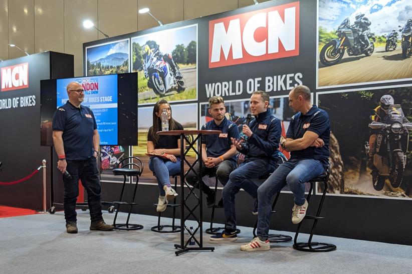 MCN team on stage at the London Motorcycle Show