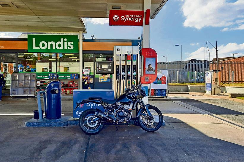 An off-road Royal Enfield caught at a UK petrol station