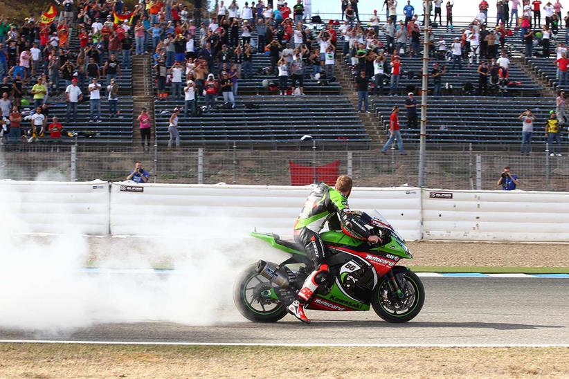 Tom Sykes celebrates his 2013 title success at Jerez