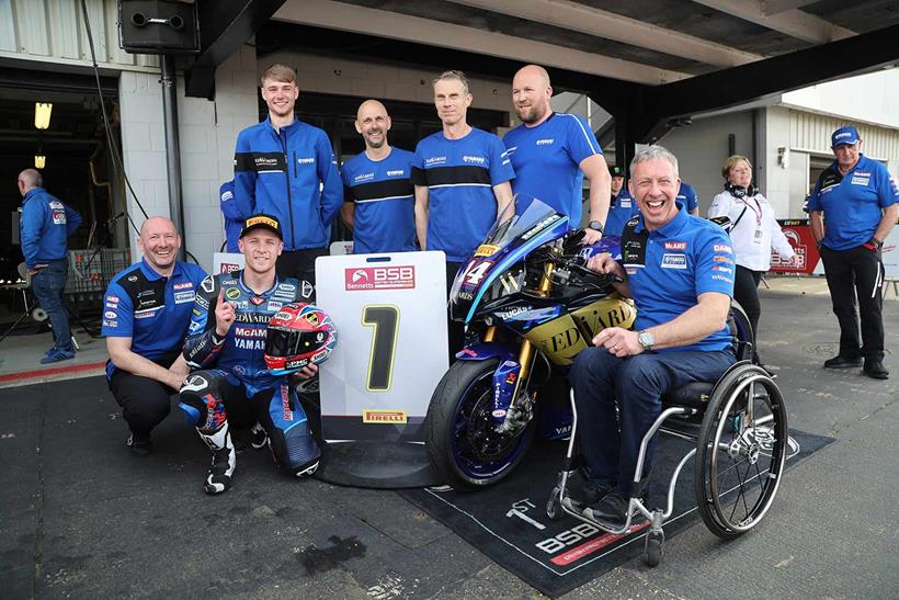 Tim Neave and the McAMS Yamaha team celebrate victory at Silverstone in 2022